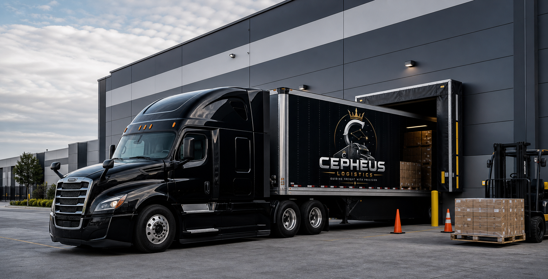 Cepheus Logistics semi truck backed into a freight loading dock