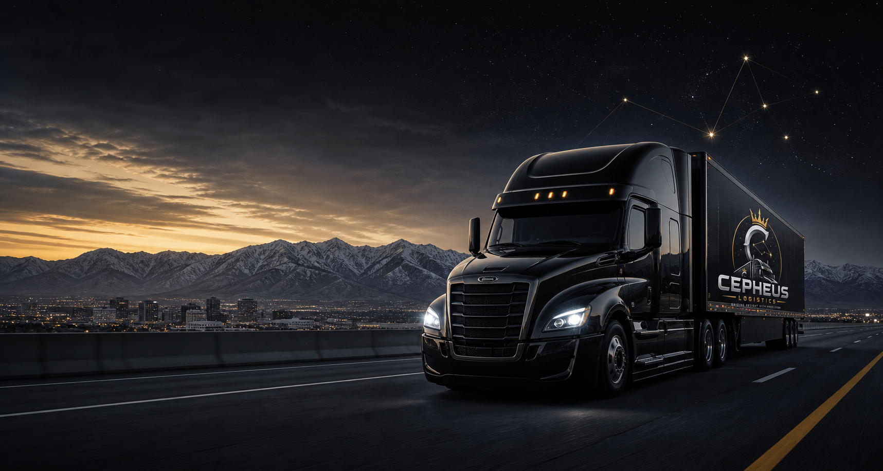 Black Cepheus Logistics semi truck on a Utah highway at twilight