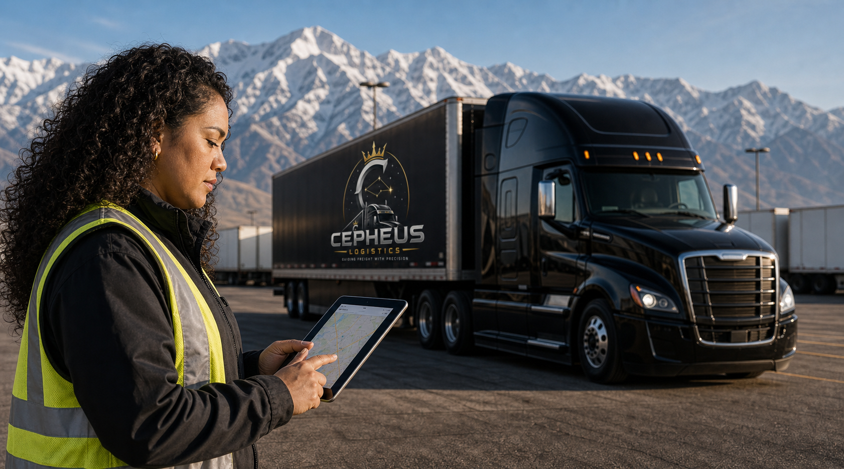 Polynesian woman reviewing routes beside a Cepheus Logistics semi truck in Utah